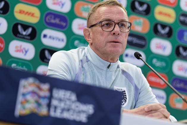 SOCCER - NL, IRL vs AUT DUBLIN,IRELAND,30.SEP.26 - SOCCER - UEFA Nations League, OEFB international match, Länderspiel, Nationalmannschaft Ireland vs Austria, preview, press conference, PK, Pressekonferenz team AUT. Image shows head coach Ralf Rangnick (AUT).  GEPAxpictures xArminxRauthner