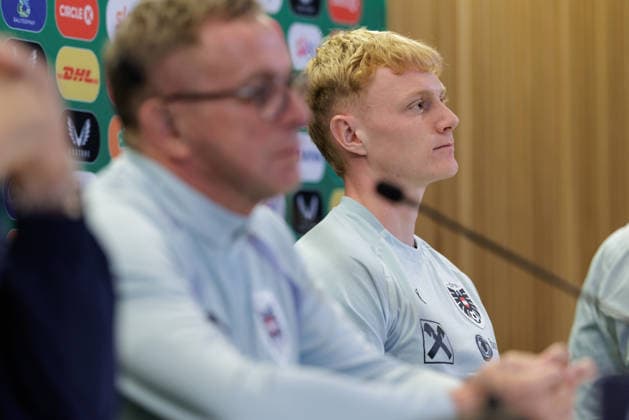 SOCCER - NL, IRL vs AUT DUBLIN,IRELAND,30.SEP.26 - SOCCER - UEFA Nations League, OEFB international match, Länderspiel, Nationalmannschaft Ireland vs Austria, preview, press conference, PK, Pressekonferenz team AUT. Image shows head coach Ralf Rangnick and Nicolas Seiwald (AUT).  GEPAxpictures xArminxRauthner