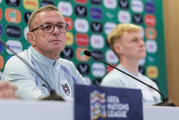 SOCCER - NL, IRL vs AUT DUBLIN,IRELAND,30.SEP.26 - SOCCER - UEFA Nations League, OEFB international match, Länderspiel, Nationalmannschaft Ireland vs Austria, preview, press conference, PK, Pressekonferenz team AUT. Image shows head coach Ralf Rangnick and Nicolas Seiwald (AUT).  GEPAxpictures xArminxRauthner