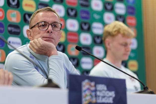 SOCCER - NL, IRL vs AUT DUBLIN,IRELAND,30.SEP.26 - SOCCER - UEFA Nations League, OEFB international match, Länderspiel, Nationalmannschaft Ireland vs Austria, preview, press conference, PK, Pressekonferenz team AUT. Image shows head coach Ralf Rangnick and Nicolas Seiwald (AUT).  GEPAxpictures xArminxRauthner