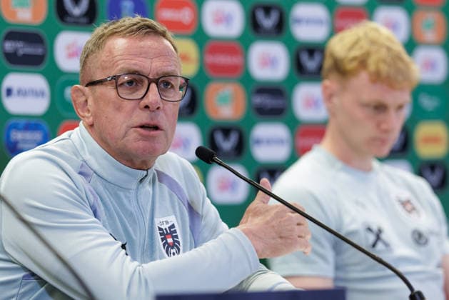SOCCER - NL, IRL vs AUT DUBLIN,IRELAND,30.SEP.26 - SOCCER - UEFA Nations League, OEFB international match, Länderspiel, Nationalmannschaft Ireland vs Austria, preview, press conference, PK, Pressekonferenz team AUT. Image shows head coach Ralf Rangnick and Nicolas Seiwald (AUT). GEPAxpictures xArminxRauthner