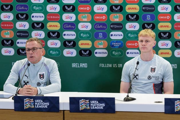 SOCCER - NL, IRL vs AUT DUBLIN,IRELAND,30.SEP.26 - SOCCER - UEFA Nations League, OEFB international match, Länderspiel, Nationalmannschaft Ireland vs Austria, preview, press conference, PK, Pressekonferenz team AUT. Image shows head coach Ralf Rangnick and Nicolas Seiwald (AUT). GEPAxpictures xArminxRauthner