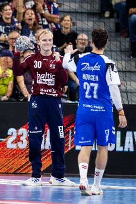 FLENSBURG, GERMANY - SEPTEMBER 30: goalie celebration joy after saved ball Simon Möller (SG Flensburg-Handewitt, 30), Aksel Horgen (SG Flensburg-Handewitt, 27) during the EHF European League match between SG Flensburg-Handewitt vs Fraikin BM. Granollers at GGW Arena on matchday 1 of the Group Matches Group E on September 30, 2026 in Flensburg, Germany. Schleswig-Holstein Germany Copyright: xMarioxM.xKobergx