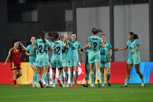 SOCCER - Women s Champions League - AS Roma vs. FC Barcelona, Barca Photo by IPA ABACAPRESS.COM89151533 - Caroline Graham Hansen of F.C. Barcelona celebrates after scoring the goal that made the score 0-1 during Matchday 2 of the group stage of the 2026 27 UEFA Women s Champions League, a soccer match between A.S. Roma and F.C. Barcelona at Tre Fontane Stadium on September 30, 2026, in Rome, Italy. Rome Italy  Copyright: xIPAxSport ABACAx