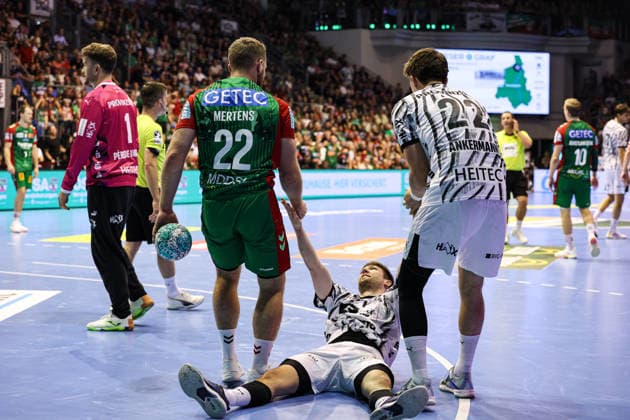 Lukas Mertens, SC Magdeburg, 22, Lukas Zerbe, THW Kiel, 24; Rasmus Ankermann, THW Kiel, 22; Handball Bundesliga 2026–2027 season: SC Magdeburg vs. THW Kiel at the GETEC Arena in Magdeburg; Action, Handball, Germany, September 30, 2026