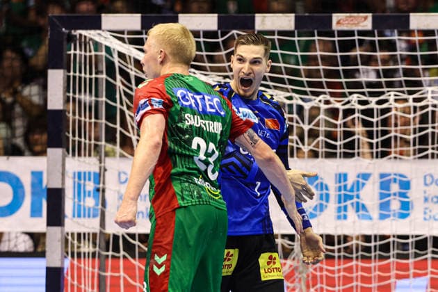 Goalkeeper Dominik Kuzmanovic (SC Magdeburg, 1) and Magnus Saugstrup (SC Magdeburg, 23), Handball Bundesliga 2026–2027 season, SC Magdeburg vs. THW Kiel at the GETEC Arena in Magdeburg. Action, Handball,Germany, September 30, 2026