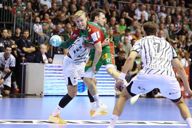 September 30, 2026, xBHAx, Handball, Opel HBL, 2026–2027 season, 1st HBL, SC Magdeburg vs. THW Kiel, GETEC Arena, Veron Nacinovic (THW Kiel 93) vs. Gisli Thorgeir Kristjansson (SC Magdeburg 10), Saxony-Anhalt, Germany