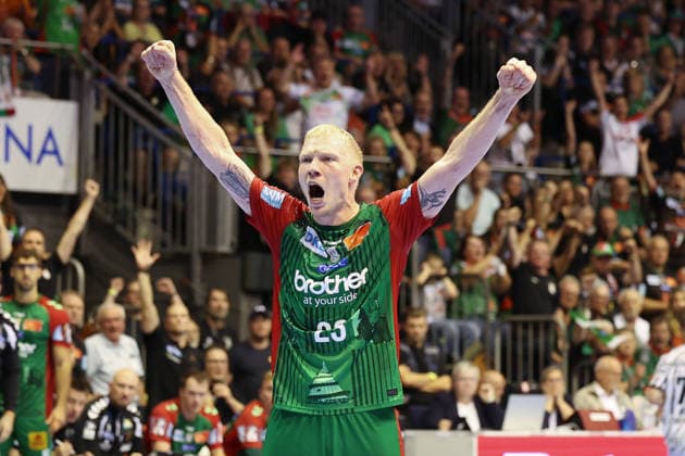 September 30, 2026, xBHAx, Handball, Opel HBL, 2026–2027 Season, 1st HBL, SC Magdeburg vs. THW Kiel, GETEC Arena, Magnus Saugstrup celebrating, SC Magdeburg 23, Saxony-Anhalt, Germany
