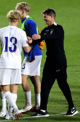 30.09.2026 Targoviste Romania-Finland Suomi European Under-21 qualifiers men s football Mika Lehkosuo(R) Finland Suomi coach celebrate vctory :