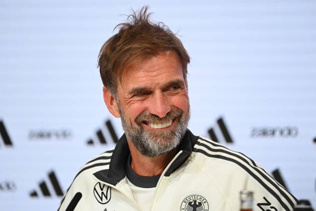 German National Team Coach Juergen KLOPP GER, laughing, laughing, smiling, optimistic, in a good mood, single frame, cropped single shot, portrait, press conference on September 30, 2026, UEFA Nations League group stage, Group B, Matchday 3: Germany (GER) vs. Serbia (SRB) on October 1, 2026, ALLIANZ ARENA Â