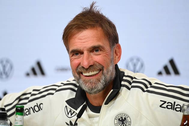 German National Team Coach Juergen KLOPP GER, laughing, laughing, smiling, optimistic, in a good mood, single frame, cropped single shot, portrait, press conference on September 30, 2026, UEFA Nations League group stage, Group B, Matchday 3: Germany (GER) vs. Serbia (SRB) on October 1, 2026, ALLIANZ ARENA Â