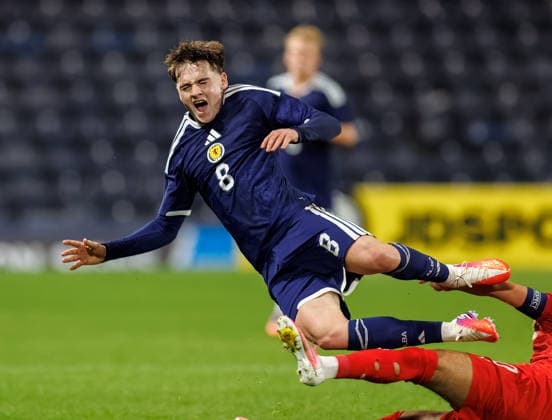 30.09.2026 Scotland U21, U 21 v Azerbaijan: Findlay Curtis of Scotland clattered by Aykhan Suleymali of Azerbaijan  Copyright: xWilliexVassx NINTCHDBPICT001112385046