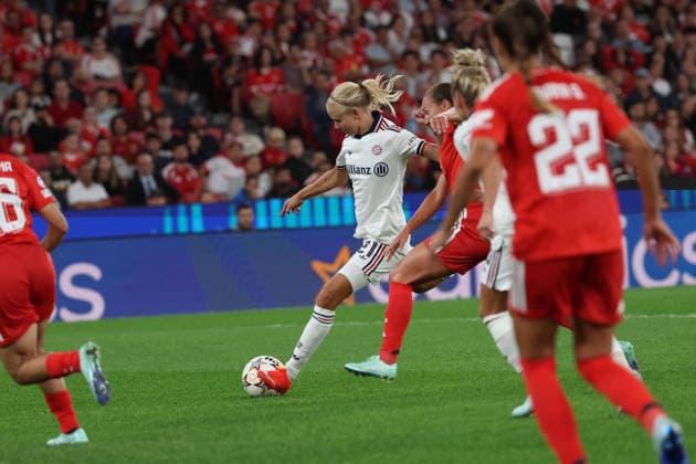 Lisbon, Portugal, September 30: Pernille Harder of FC Bayern Munich scores the goal to make the score 0–2 during the 2026–27 UEFA Women’s Champions League group stage Matchday 2 game between SL Benfica and FC Bayern Munich on September 30, 2024, in Lisbon, Portugal Copyright: HMBxMedia JoaquimxFerreira