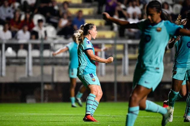 Claudia Pina of FC Barcelona, Barca celebrates after scoring the goal of 0-3 during the Women s Champions league football match between AS Roma and FC Barcelona at Tre Fontane stadium in Rome (Italy), September 30, 2026. AndreaxStaccioli