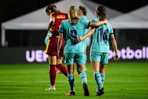 Claudia Pina and Aitana Bonmati of FC Barcelona, Barca celebrate at the end of the Women s Champions league football match between AS Roma and FC Barcelona at Tre Fontane stadium in Rome (Italy), September 30, 2026. AndreaxStaccioli