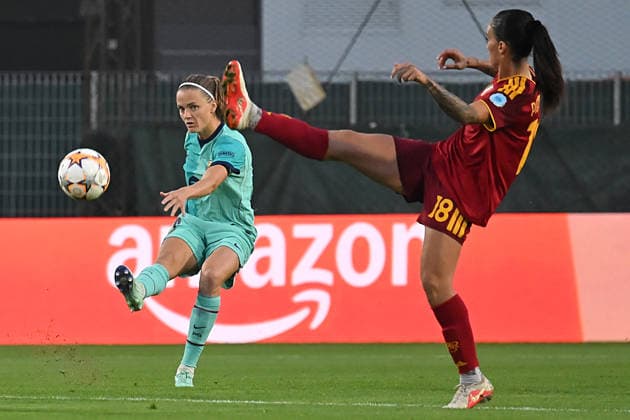Soccer, Woman champions league 2026-2027 , AS Roma Women v Barcelona woman Irene Paredes of Barcelona woman,Martina Piemonte of AS Roma Women during the Women™s Champions League match between Roma Women v Barcelona woman at Tre Fontane stadium in Rome, Italy, September 30th, 2026 Imago-Images Emmefoto Copyright: xImago-Images Emmefotox