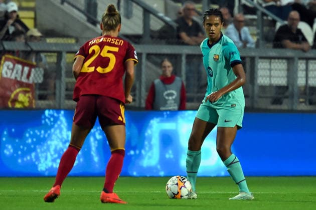 Soccer, Woman champions league 2026-2027 , AS Roma Women v Barcelona woman Frederike Thorgersen of AS Roma Women,Esmee Brugts of Barcelona woman during the Women™s Champions League match between Roma Women v Barcelona woman at Tre Fontane stadium in Rome, Italy, September 30th, 2026 Imago-Images Emmefoto Copyright: xImago-Images Emmefotox