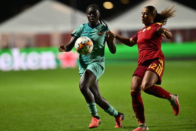 IPA89157794 - Aicha Camara of F.C. Barcelona and Ella Grace Ottey of A.S. Roma Femminile are in action during Matchday 2 of the 2026 27 UEFA Women s Champions League group stage, a soccer match between A.S. Roma and F.C. Barcelona at Tre Fontane Stadium on September 30, 2026, in Rome, Italy.  Copyright: xDomenicoxCippitelli IPAxSportx xx IPA89157794