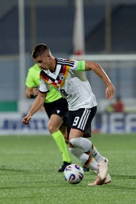 Nicolo Tresoldi of Germany is in action during the UEFA Under-21 Championship 2027, qualifying round Group F match between Malta and Germany at the Centenary Stadium, in Ta Qali, Malta, on 30 September, 2026. UEFA Under 21 Championship 2027 Qualifying; Under 21 Qualifying;