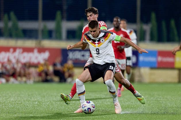 Nicolo Tresoldi of Germany is in action during the UEFA Under-21 Championship 2027, qualifying round Group F match between Malta and Germany at the Centenary Stadium, in Ta Qali, Malta, on 30 September, 2026. UEFA Under 21 Championship 2027 Qualifying; Under 21 Qualifying;