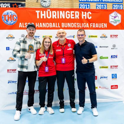 September 30, 2026, GER, Handball, Women, 2026–2027 Season, DHB Cup, Round 2 (Round of 16), Thüringer HC vs. HSG Blomberg Lippe; Herbert Mueller (Thüringer HC), coach, alongside the new physical therapist Jessica Hofman; 99947 Bad Langensalza, Salza Halle, Mehrz Sports Hall, Thuringia, Germany