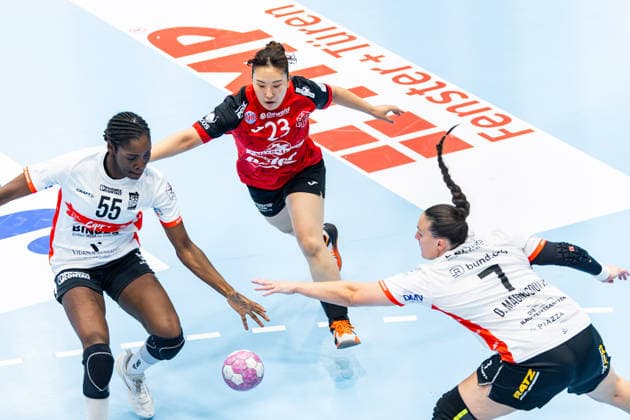 September 30, 2026, GER, Handball, Women, 2026–2027 Season, DHB Cup, Round 2 (Round of 16), Thüringer HC, HSG Blomberg Lippe, Farrelle Alicia Njinkeu, HSG Blomberg Lippe, Natsuki Aizawa, Thüringer HC, 23, Diana Doegg Magnusdottir, HSG Blomberg Lippe, 99947 Bad Langensalza, Salza, Halle, Sporthalle Mehrz, Thuringia, Germany