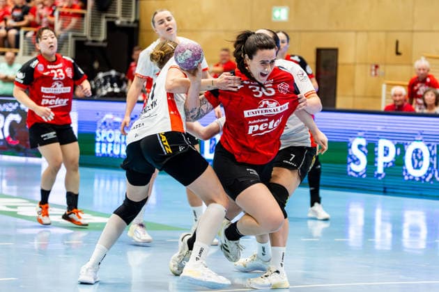 September 30, 2026, GER, Handball, Women, 2026–2027 Season, DHB Cup, Round 2 (Round of 16), Thüringer HC vs. HSG Blomberg Lippe, Karolina Jurenczyk (HSG Blomberg Lippe), Macela Arounian (Thüringer HC), 36, Diana Doegg Magnusdottir (HSG Blomberg Lippe), 99947 Bad Langensalza, Salza, Halle, Sporthalle Mehrz, Thuringia, Germany