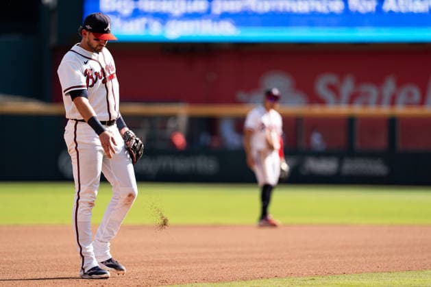 Austin Riley 27 of the Atlanta Braves candid on 3rd base in the seventh inning against the Philadelphia Phillies in game two of the MLB, Baseball Herren, USA National League Wild Card round at Truist Park on Wednesday, September 30, 2026 in Atlanta, Georgia.  ATL20260930108 STEVENxBURROUGHS