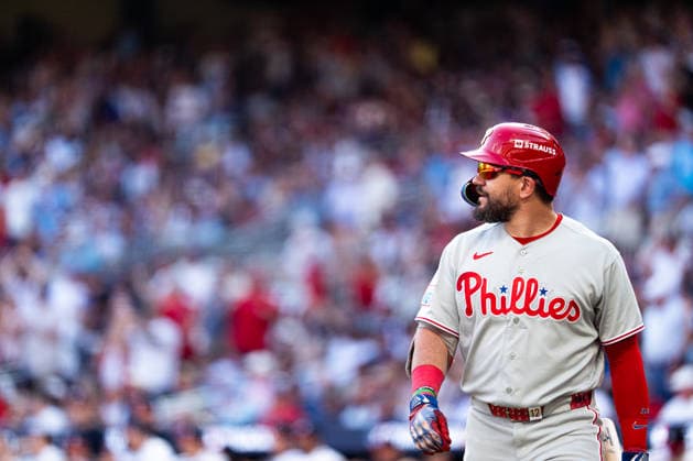 Kyle Schwarber 12 of the Philadelphia Phillies Candid in the ninth inning against the Atlanta Braves in game two of the MLB, Baseball Herren, USA National League Wild Card round at Truist Park on Wednesday, September 30, 2026 in Atlanta, Georgia.  ATL20260930131 STEVENxBURROUGHS
