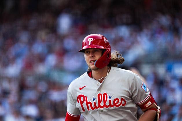Alec Bohm 28 of the Philadelphia Phillies candid after running the bases in the ninth inning against the Atlanta Braves in game two of the MLB, Baseball Herren, USA National League Wild Card round at Truist Park on Wednesday, September 30, 2026 in Atlanta, Georgia.  ATL20260930136 STEVENxBURROUGHS