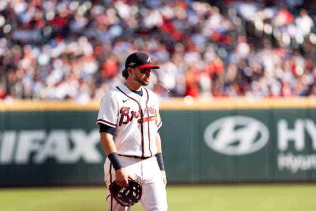 Austin Riley 27 of the Atlanta Braves candid spitting in the ninth inning against the Philadelphia Phillies in game two of the MLB, Baseball Herren, USA National League Wild Card round at Truist Park on Wednesday, September 30, 2026 in Atlanta, Georgia.  ATL20260930137 STEVENxBURROUGHS