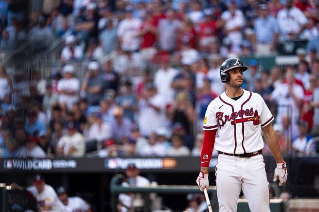 Matt Olson 28 of the Atlanta Braves up to bat in the ninth inning against the Philadelphia Phillies in game two of the MLB, Baseball Herren, USA National League Wild Card round at Truist Park on Wednesday, September 30, 2026 in Atlanta, Georgia.  ATL20260930139 STEVENxBURROUGHS