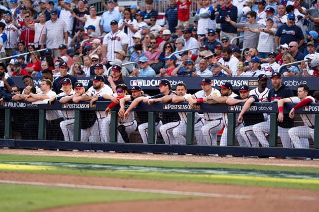Atlanta Braves team dugout in the ninth inning against the Philadelphia Phillies in game two of the MLB, Baseball Herren, USA National League Wild Card round at Truist Park on Wednesday, September 30, 2026 in Atlanta, Georgia.  ATL20260930140 STEVENxBURROUGHS