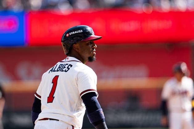 Ozzie Albies 1 of the Atlanta Braves running the bases in the sixth inning against the Philadelphia Phillies in game two of the MLB, Baseball Herren, USA National League Wild Card round at Truist Park on Wednesday, September 30, 2026 in Atlanta, Georgia.  ATL20260930106 STEVENxBURROUGHS