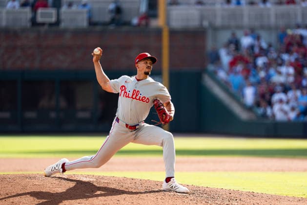Alex McFarlane 71 of the Philadelphia Phillies pitching in the seventh inning against the Atlanta Braves in game two of the MLB, Baseball Herren, USA National League Wild Card round at Truist Park on Wednesday, September 30, 2026 in Atlanta, Georgia.  ATL20260930118 STEVENxBURROUGHS