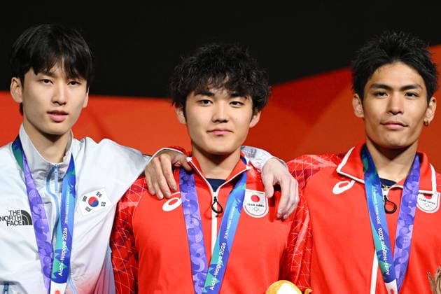 (L-R) LEE Dohyun (KOR), Sorato Anraku (JPN), Tomoa Narasaki (JPN), SEPTEMBER 30, 2026 - Sports Climbing : Men s Boulder Award ceremony at Nagoya International Exhibition Hall (Portmesse Nagoya) during the Asian Games Aichi-Nagoya 2026 in Aichi, Japan. Noxthirdxpartyxsales  aflo_352176090 KenjiroxMatsuox