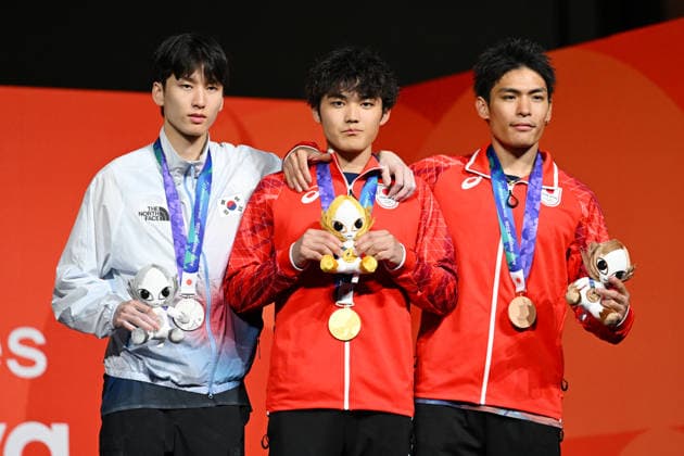 (L-R) LEE Dohyun (KOR), Sorato Anraku (JPN), Tomoa Narasaki (JPN), SEPTEMBER 30, 2026 - Sports Climbing : Men s Boulder Award ceremony at Nagoya International Exhibition Hall (Portmesse Nagoya) during the Asian Games Aichi-Nagoya 2026 in Aichi, Japan. Noxthirdxpartyxsales  aflo_352176109 KenjiroxMatsuox