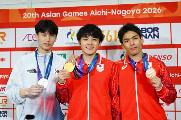 (L-R) LEE Dohyun (KOR), Sorato Anraku (JPN), Tomoa Narasaki (JPN), SEPTEMBER 30, 2026 - Sports Climbing : Men s Boulder Award ceremony at Nagoya International Exhibition Hall (Portmesse Nagoya) during the Asian Games Aichi-Nagoya 2026 in Aichi, Japan. Noxthirdxpartyxsales  aflo_352176110 KenjiroxMatsuox