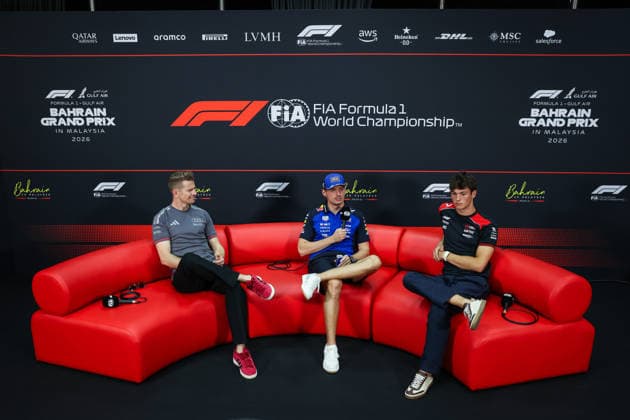 F1 - BAHRAIN GRAND PRIX IN MALAYSIA 2026 press conference, PK, Pressekonferenz HULKENBERG Nico (ger), Audi F1 Team R26, VERSTAPPEN Max (nld), Red Bull Racing Ford RB22, BEARMAN Ollie Oliver (gbr), TGR Haas F1 Team VF-26, portrait during the 2026 Formula 1 Bahrain Grand Prix in Malaysia, 16th round of the 2026 Formula One World Championship, WM, Weltmeisterschaft from October 2 to 4, 2026 on the Sepang International Circuit, in Sepang, Malaysia - SepangMalaysia  Copyright: xANTONINxVINCENTx