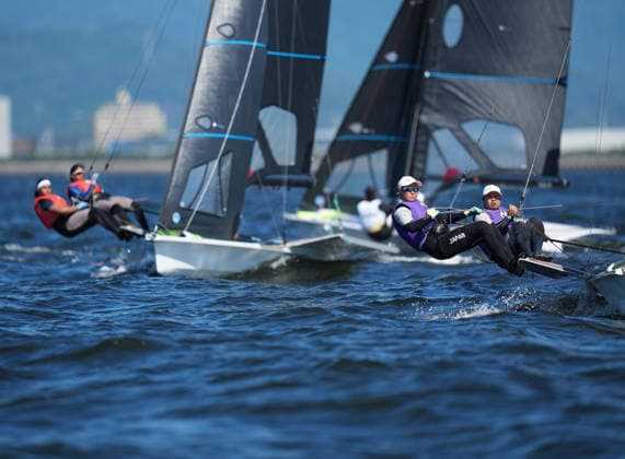 (261001) -- GAMAGORI, Oct. 1, 2026 -- Tanaka Misaki (front R), Nagamatsu Sera (front L) of Japan compete during the Women s Skiff Opening Series Race of Sailing at the 20th Asian Games Aichi-Nagoya 2026 in Gamagori of Aichi Prefecture, Japan, Oct. 1, 2026. ) (SP)JAPAN-GAMAGORI-ASIAN GAMES-SAILING-WOMEN S SKIFF CheongxKamxKa 