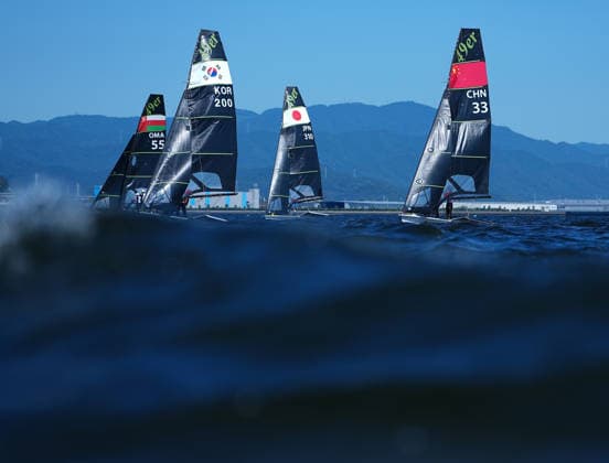 (261001) -- GAMAGORI, Oct. 1, 2026 -- Athletes compete during the men s skiff opening series race 9 of sailing at the 20th Asian Games Aichi-Nagoya 2026 in Gamagori of Aichi Prefecture, Japan, Oct. 1, 2026. ) (SP)JAPAN-GAMAGORI-ASIAN GAMES-SAILING-MEN S SKIFF CheongxKamxKa 