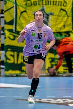 Dortmund, September 30, 2026, Handball, Women s, DHB Cup, 2nd Round, BVB Borussia Dortmund vs. SV Union Halle Neustadt; Fabienne Büch of SV Union Halle Neustadt, No. 15, celebrates after scoring a goal