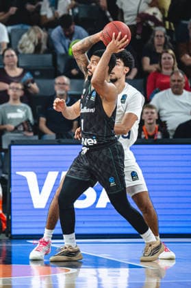 Darnell Edge of Balkan Botevgrad and Adam Atamna of ratiopharm ulm battle for the ball during the 2026–2027 BKT EuroCup match between ratiopharm ulm and Balkan Botevgrad at the ratiopharm Arena on September 30, 2026 in Neu Ulm, Germany. Photo by Harry Langer, DeFodi Images