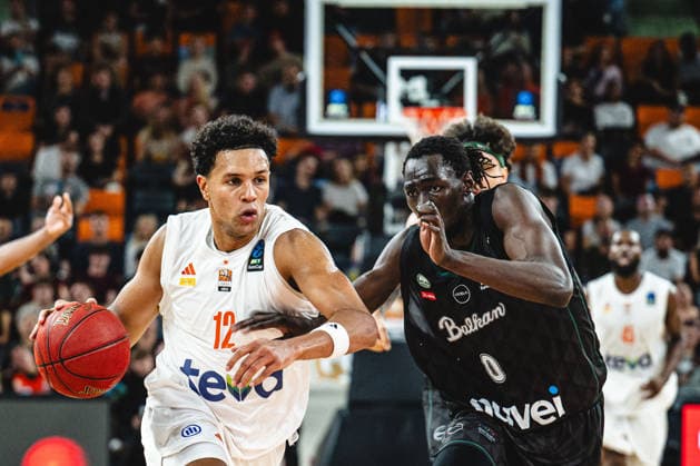 Michael Rataj of ratiopharm ulm and Wena David Okwera of Balkan Botevgrad battle for the ball during the 2026–2027 BKT EuroCup match between ratiopharm ulm and Balkan Botevgrad at ratiopharm Arena on September 30, 2026 in Neu Ulm, Germany. Photo by Harry Langer, DeFodi Images
