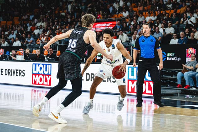 Ivan Alipiev of Balkan Botevgrad and Michael Rataj of ratiopharm ulm battle for the ball during the 2026–2027 BKT EuroCup match between ratiopharm ulm and Balkan Botevgrad at the ratiopharm Arena on September 30, 2026 in Neu Ulm, Germany. Photo by Harry Langer, DeFodi Images