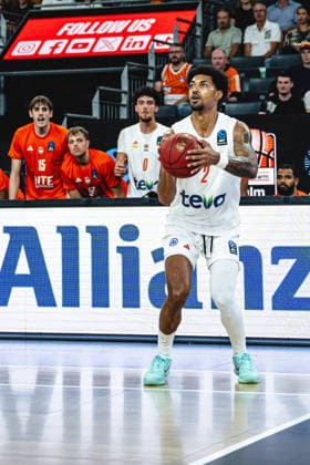 Ibi Watson of ratiopharm ulm controls the ball during the 2026–2027 BKT EuroCup game between ratiopharm ulm and Balkan Botevgrad at ratiopharm Arena on September 30, 2026, in Neu Ulm, Germany. Photo by Harry Langer, DeFodi Images