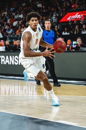 Meissa Faye of ratiopharm ulm controls the ball during the BKT EuroCup 2026–2027 game between ratiopharm ulm and Balkan Botevgrad at ratiopharm Arena on September 30, 2026, in Neu Ulm, Germany. Photo by Harry Langer, DeFodi Images