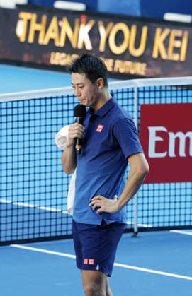 Tennis: Nishikori s final match Japan s former world No. 4 Kei Nishikori gives an interview after losing in the first round of the final tournament of his tennis career at the Japan Open at Ariake Tennis Park in Tokyo on Oct. 1, 2026. The 36-year-old Nishikori, the first Asian male player to reach a Grand Slam singles final at the 2014 U.S. Open, announced in April 2026 that he would retire at the end of the current season.  A14AA0005629613P