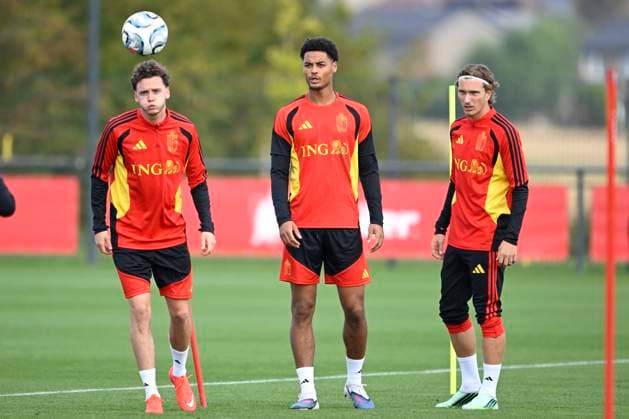 Belgium v Turkey - UEFA Nations League 2026 Media Activities 01 10 2026 TUBIZE, BELGIUM - OCTOBER 01 : De Cuyper Maxim defender of Belgium, De Winter Koni defender of Belgium and Godts Mika forward of Belgium pictured during a training session ahead of the UEFA Nations League tournament league phase matchday 3 group A1 match between Belgium and Turkey on October 1, 2026 in Tubize, Belgium, 01 10 2026 Tubize Belgium  Copyright: xNicoxVereeckenx