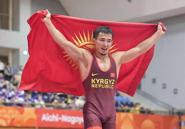 (261001) -- NAGOYA, Oct. 1, 2026 -- Kyrgyzstan s Zholoman Sharshenbekov celebrates after defeating Uzbekistan s Alisher Ganiev during their Men s Greco-Roman 60kg Final Bout of Wrestling at the 20th Asian Games Aichi-Nagoya 2026 in Nagoya, Japan, Oct. 1, 2026. ) (SP)JAPAN-NAGOYA-ASIAN GAMES-WRESTLING-MEN S GRECO-ROMAN 60KG LongxLei